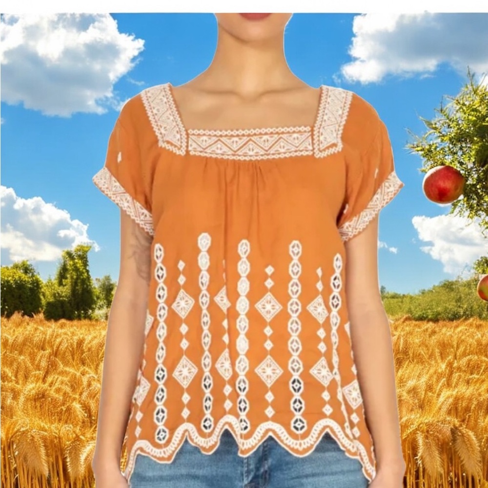Johnny Was Orange Embroidered Short Sleeve linen Blouse size small